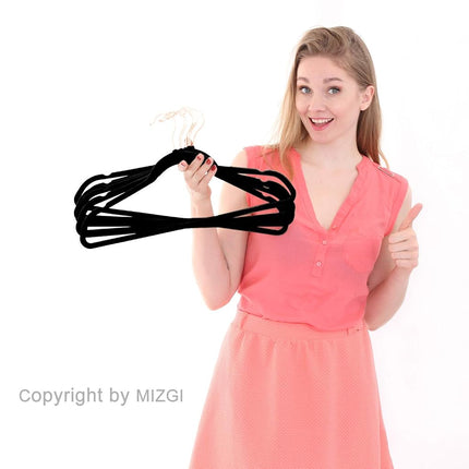 MIZGI Premium Velvet Hangers (Pack of 50) - Heavy Duty, Space Saving, Anti Slip - Black Velvet Suit Hangers with Rose Gold/Copper Hooks
