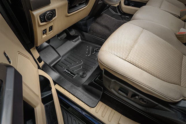 Tapis de sol SMARTLINER sur mesure, ensemble de 2 rangées, noir, compatible avec Ford F-150 SuperCrew Cab 2021-2023 avec sièges baquets de 1re rangée et rangement sous les sièges de 2e rangée