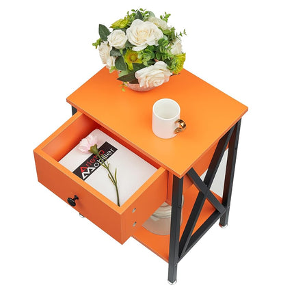 VECELO Nightstands Set of 2, Modern Bedside End Tables, Night Stands with Drawer and Storage Shelf for Living Room Bedroom, Industrial Metal Frame, Orange