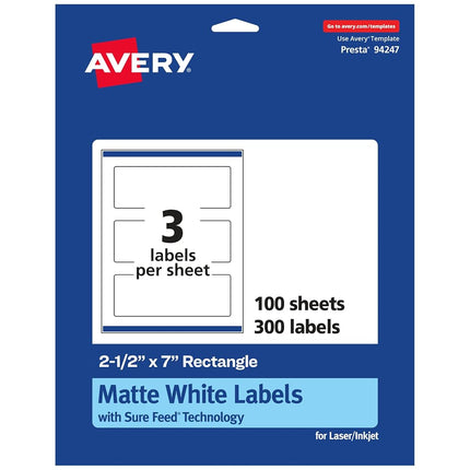Étiquettes rectangulaires Avery blanc mat avec Sure Feed, 6,35 cm x 17,78 cm, 300 étiquettes imprimables blanc mat