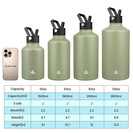Bouteille d'eau Konokyo 3Lids 128oz - Vert Campement