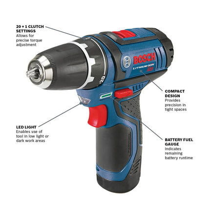 Bosch Power Tools Drill Kit - PS31-2A - 12V, 3/8 Inch, Two Speed Driver, Cordless Drill Set - Includes Two Lithium Ion Batteries, 12V Charger, Screwdriver Bits & Soft Carrying Bag, Blue