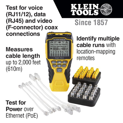 Klein Tools VDV501-852 Testeur de câble Scout Pro 3 Kit localisateur avancé – Testeur de câble Voix Données Vidéo pour RJ11 RJ12 RJ45 et Coax, Mesure la longueur de câble jusqu'à 610m, Test PoE et 18 télécommandes de mappage