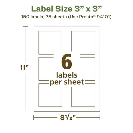 Avery EcoFriendly Matte White Recycled Square Labels, 3" x 3", Print-to-The-Edge, Matte White Labels, Permanent Adhesive, Laser/Inkjet Printable, 150 Total