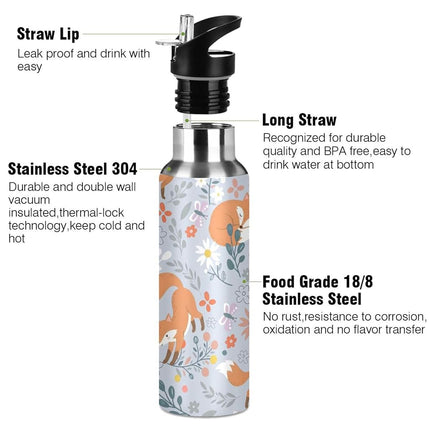 Fox Water Bottle Kids Fox Bottle with Straw Lid Cute Forest Animals Leakproof Insulated Stainless Steel Water Flask for Sport Gym Outdoor 20 oz