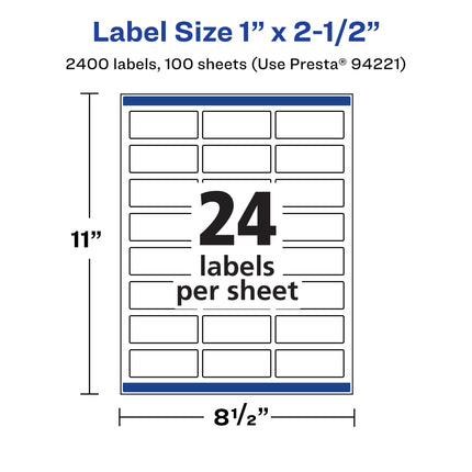 Avery Matte White Rectangle Labels with Sure Feed, 1" x 2.5", 2,400 Matte White Printable Labels