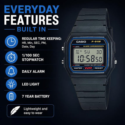 Casio Men's F91W-1 Classic Black Digital Resin Strap Watch