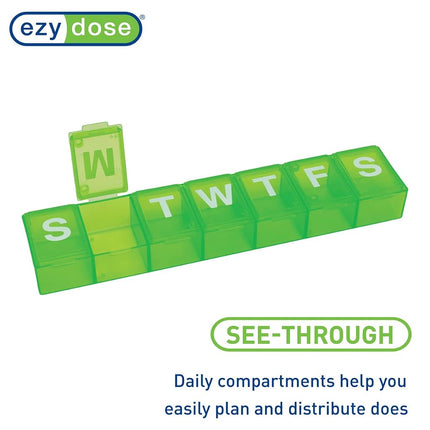 EZY DOSE Semainier (7 jours) Pilulier, Organisateur de médicaments, Boîte de rangement pour vitamines, Pratique et facile à utiliser, Compartiments extra-larges, Idéal pour les voyages, Vert, Sans BPA