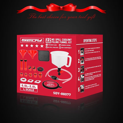 SEDY 22-Piece No Spill Coolant Filling Funnel Kit, Universal Radiator Funnel Set with Adapters, Siphon Hose & Extensions for Car, SUV, Ute, Truck – Precision Automotive Coolant Refilling Tool