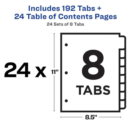 Avery 8 Tab Dividers for 3 Ring Binders, Customizable Table of Contents, Multicolor Tabs, 24 Sets (11168)