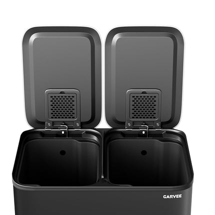 GarveeHome 2 x 4 gal Stainless Steel Double Trash Can with Lid for Kitchen, Large Dual Trash and Recycle Bin Combo, Step-on Kitchen Metal Garbage Cans, PP Inner Buckets, Liner Rim, Black