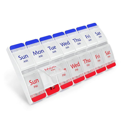 EZY DOSE Pilulier à Bouton-Poussoir (7 Jours), Organisateur de Médicaments et de Vitamines, Hebdomadaire, 2 Fois par Jour, Matin/Soir, Grands Compartiments, Facile à Utiliser en Cas d'Arthrite, Couvercles Transparents, Rouge/Bleu