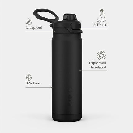 ZULU Powerfill Pro 32oz Stainless Steel Water Bottle with Quick Fill Lid, Triple Walled Vacuum Insulated Metal, Leak Proof Locking Lid, Sip and Chug, Reusable BPA Free, Black