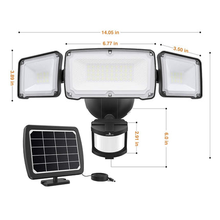 GLORIOUS-LITE LED Solar Security Lights Motion Sensor Light Outdoor, 1600LM Solar Powered Motion Flood Light, 5500K, IP65 Waterproof, 3 Adjustable Head Solar Outdoor Lights for Backyard, Garage-Black