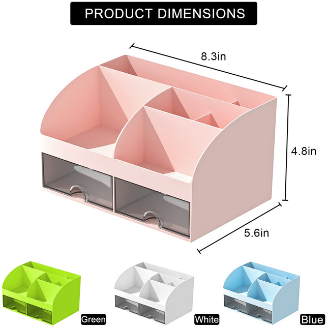 COMFYROOM Desk Organizer with 6 Compartments and 2 Drawers, Plastic Makeup Organizer, Pen Holder for Desktop Storage, Desk Organization for School, Home, Office Supplies (Pink)