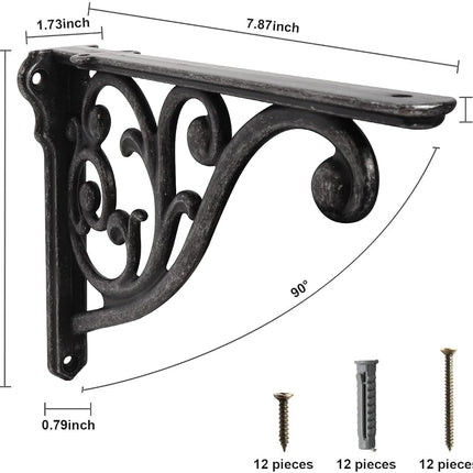 Cast Iron Gray Shelf Brackets 7.87x5.6x1.7 Inch 4 Pack Heavy Duty Antique Black Brackets for Shelves Baroque Kitchen Decorative Rack Shelves, Victorian Shelf Brackets.(Iron Gray)