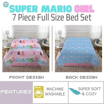 Franco Super Mario Girl Princess Peach Girl Gamer Kids Bedding Super Soft Comforter and Sheet Set with Sham, 7 Piece Full Size, (Official Licensed Product)