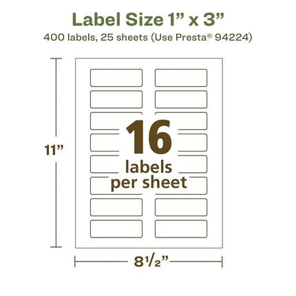 Avery EcoFriendly Matte White Recycled Rectangle Labels, 1" x 3", Print-to-The-Edge, Matte White Labels, Permanent Adhesive, Laser/Inkjet Printable, 400 Total