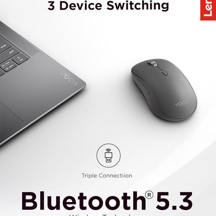 Lenovo Yoga Bluetooth Silent Mouse, 3 Level DPI Adjustment, 36 Month Battery Life, Bluetooth 5.3, 3 Device Paring, Whisper Quiet, Programmable Buttons, Smooth Finish, Luna Grey