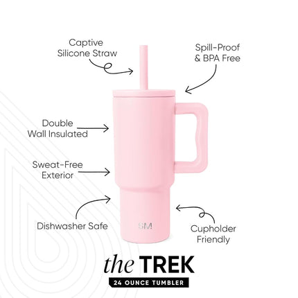 Simple Modern Kids 24 oz Tumbler with Handle and Silicone Straw Lid | Spill Proof and Leak Resistant | Reusable Stainless Steel Bottle | Gift for Kids Boys Girls | Trek Collection | Blush
