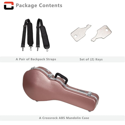 Crossrock F-Style Mandolin Case | ABS Molded Hardshell with Security Lock, Metal Feet, and Detachable Straps-Rose Gold (CRA862MFRG)