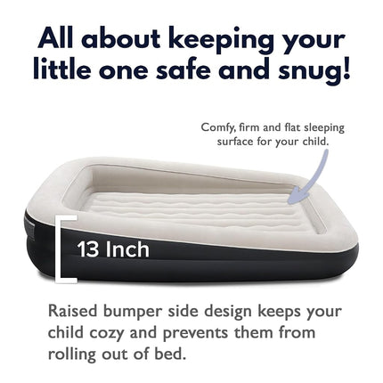 King Koil Luxury Inflatable Toddler Travel Bed with Built-in Safety Bumper, Portable Air Mattress Airbed for Kids Travel, Includes High-Speed Pump - Black