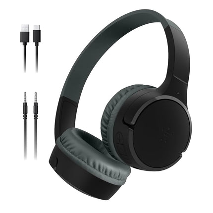 Belkin SoundForm Mini Kids Wireless Headphones w/Built-in Microphone, 30H of Playback Time, & Fun Stickers - Over-Ear Headsets for Online Learning, School, Travel, iPhone, iPad, Galaxy & More - Black