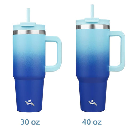 Gobelet Konokyo 40 oz avec poignée et 2 pailles, bouteille d'eau isotherme 2 en 1 avec couvercle, tasse de voyage à café en acier inoxydable, couleur ciel