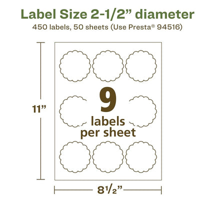 Avery EcoFriendly Matte White Recycled Round Scalloped Labels, 2.5" Diameter, Print-to-The-Edge, Matte White Labels, Permanent Adhesive, Laser/Inkjet Printable, 450 Total