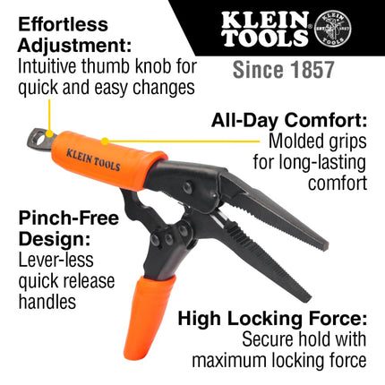 Klein Tools 38612 Long Nose Locking Pliers with Quick Release Handles, Ideal for Tight Spaces, High Torque and Gripping Power, 9-Inch