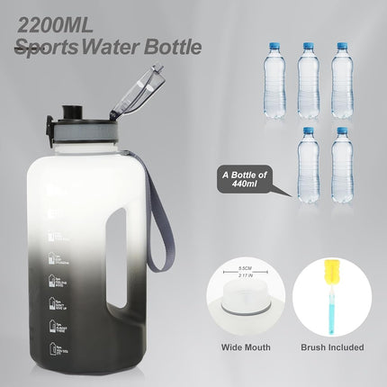 GEMFUL 2.2L Sports Water Bottle with Handle for Hiking & Gym (White Black)