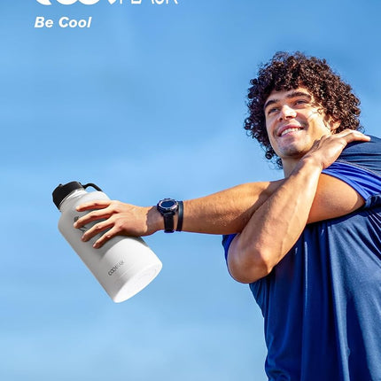 Coolflask Half Gallon Water Bottle Insulated with Straw & 3 Lids, 2 L Water Jug Large Metal Stainless Steel Wide Mouth for Sports, Gym or Office, Non-BPA Keep Cold 48H Hot 24H, White