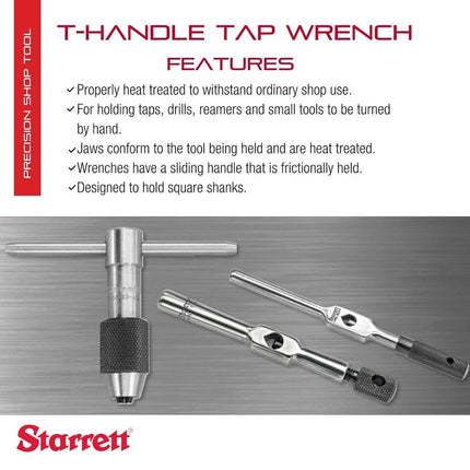 Starrett 93B T-Handle Tap Wrench, 7/32" - 7/16" Tap Size, 5/32" - 1/4" Square Shank Diameter, 2-1/2" Body Length