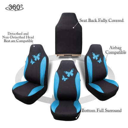 Flying Banner Butterfly car seat Covers ful Set Fashion Universal Lady Woman Female Rear Bench Split Colorized (2 Fronts, Mint Blue)
