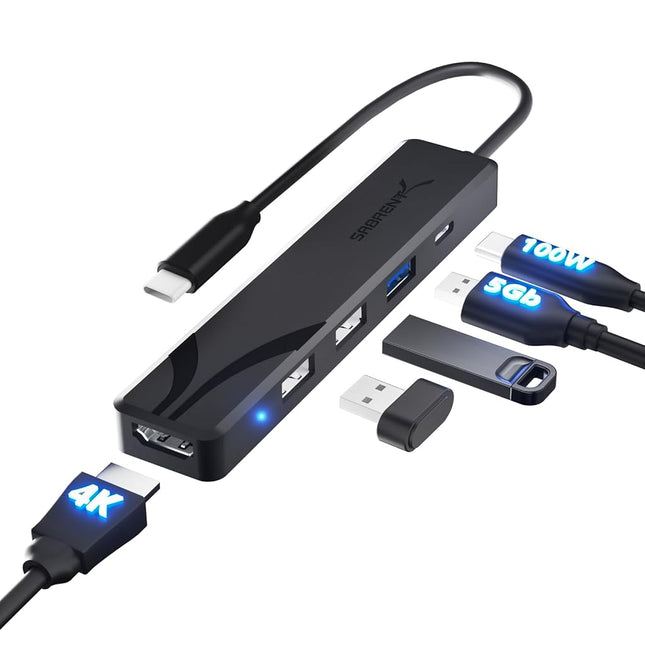 SABRENT USB C Hub, USB C to HDMI 4K@60Hz, Type C Hub Multiport Adapter, 100W Power Delivery, Compatible with MacBook, Laptop (HB-TC5P)
