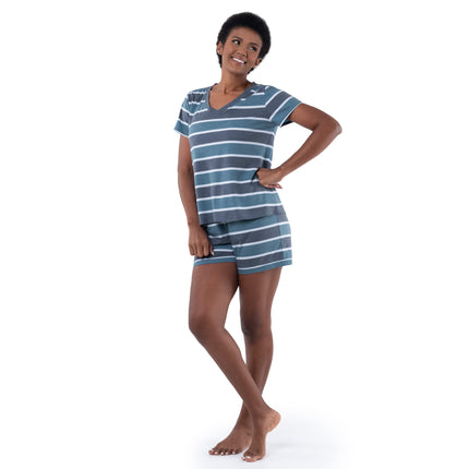 Fruit of the Loom Womens Short Sleeve Tee and Short 2 Piece Sleep Set, Blue Stripe, L