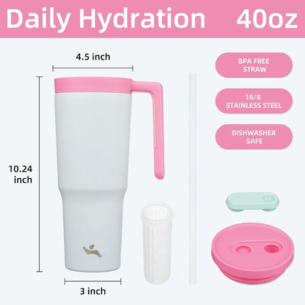 Konokyo Insulated Tumbler with Handle and Straw,40 OZ Vacuum Stainless Steel Water Bottle Travel Mug Metal Cup with Fruit Diffuser,Pink Grey