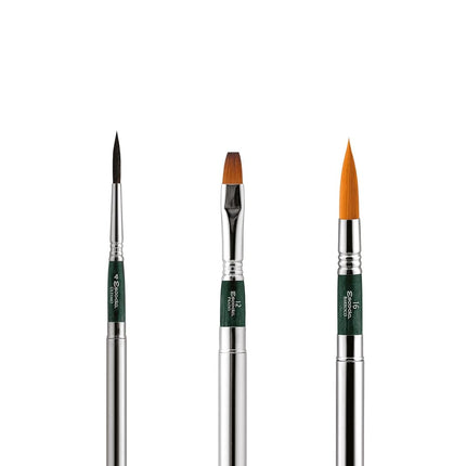 ESCODA Set 3 Watercolor Brushes - Green Travel Set N.4,12,16 Round Pointed Long Tip Bright Synthetic Hair Ultimo Barroco Prado Series Canvas Case Professional Handmade in Barcelona.