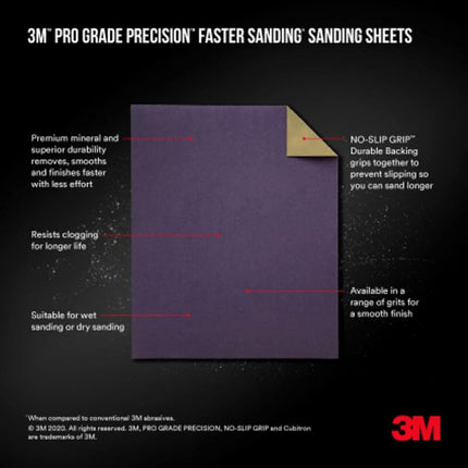 3M Pro Grade No-Slip Grip Advanced Sandpaper, 120 Grit, 9-Inch x 11-Inch, Pack of 20