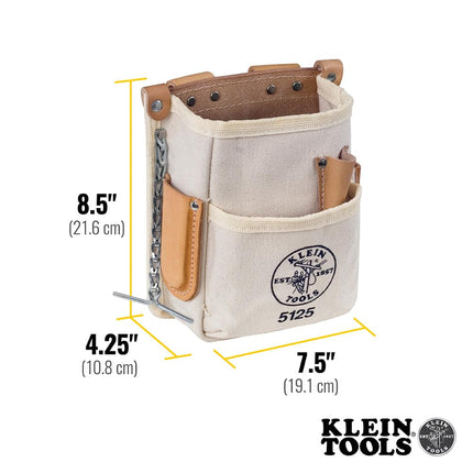 Klein Tools 5125 Canvas and Leather 5-Pocket Tool Pouch with Chain Tape Thong and Tunnel Belt Connection