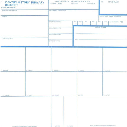 FD-1164 Card, for FBI Identity History Summary Che