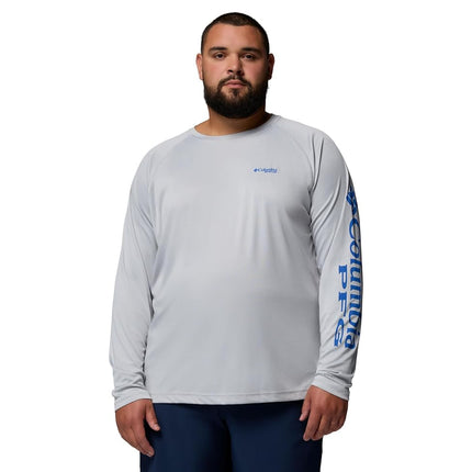Columbia Men's Terminal Tackle Long Sleeve Fishing Shirt, Cool Grey/Vivid Blue Logo, Large