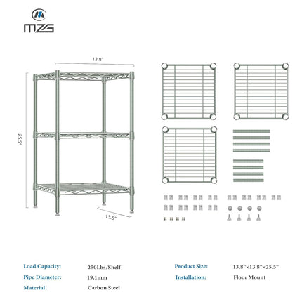 M MZG 750 lbs 3-Shelf Storage Shelves Wire Shelving Unit Standing Metal Rack for Small Places Narrow Wire Rack for Bathroom, Green 13.8 D x 13.8" W x 25.5" H