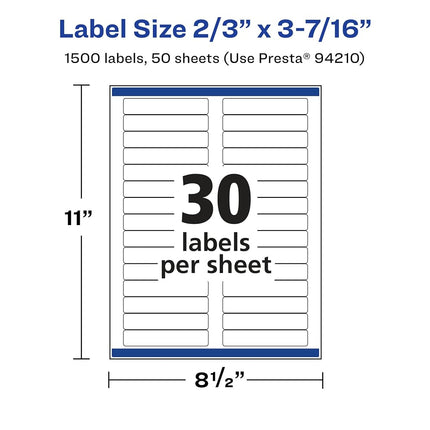 Avery Matte White Rectangle Labels with Sure Feed, 2/3" x 3-7/16", 1,500 Matte White Printable Labels