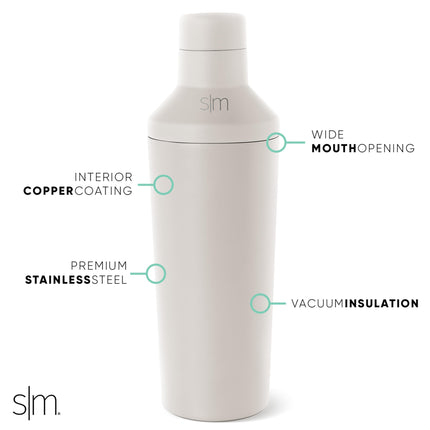 Juego de coctelera Simple Modern con tapa medidora | Coctelera Boston de acero inoxidable con aislamiento para martinis y mocktails | Regalos para hombres y mujeres | Colección Clásica | 590 ml | Almond Birch