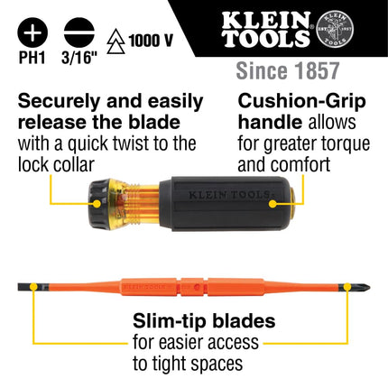 Klein Tools 32286 Insulated Screwdriver, 2-in-1 Screwdriver Set with Flip Blade, #1 Phillips and 3/16-Inch Slotted Tips, Double-Ended Blades