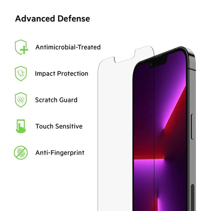 Belkin TemperedGlass iPhone 14 Plus and iPhone 13 Pro Max Screen Protector, AntiMicrobial-Treated, Easy Bubble Free Application with Included Installation Guide Tray, 9H Hardness Tested