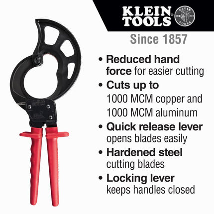 Klein Tools 63750 Cable Cutters, Ratcheting Cable Cutter Cuts Up to 1000 MCM, Great for Cable Preparation , Red