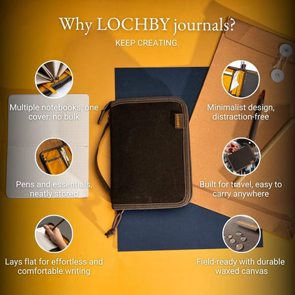 LOCHBY® Field Folio A6 | Zippered Notebook Cover | Water-Resistant Waxed Canvas | Ideal for Travel, Art, & Bullet Journals