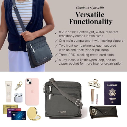 Baggallini Securtex Anti-Theft Crossbody 8.25" Small / 10" Large Travel Purse with RFID Card Slots & Cut-Resistant Strap, Charcoal, Small 8.25"w x 8.25"h